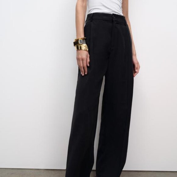 Womens Zara Black Flowy Pleated Pants - Picture 1 of 5